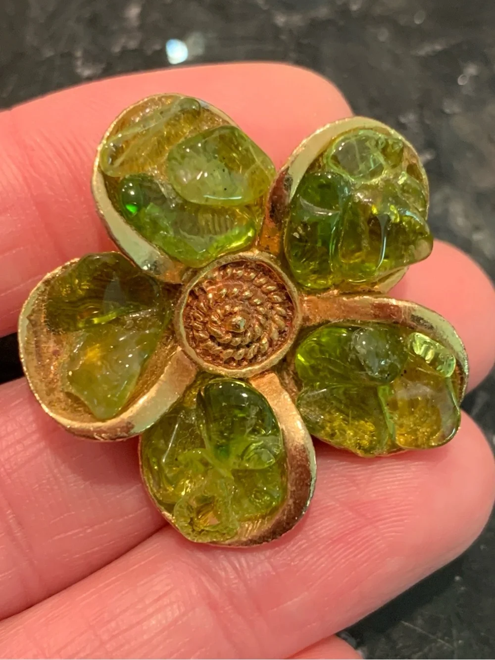 Vintage Gold Tone 5 Petal Flower Brooch Olive Green Art Glass Pin Mid Century